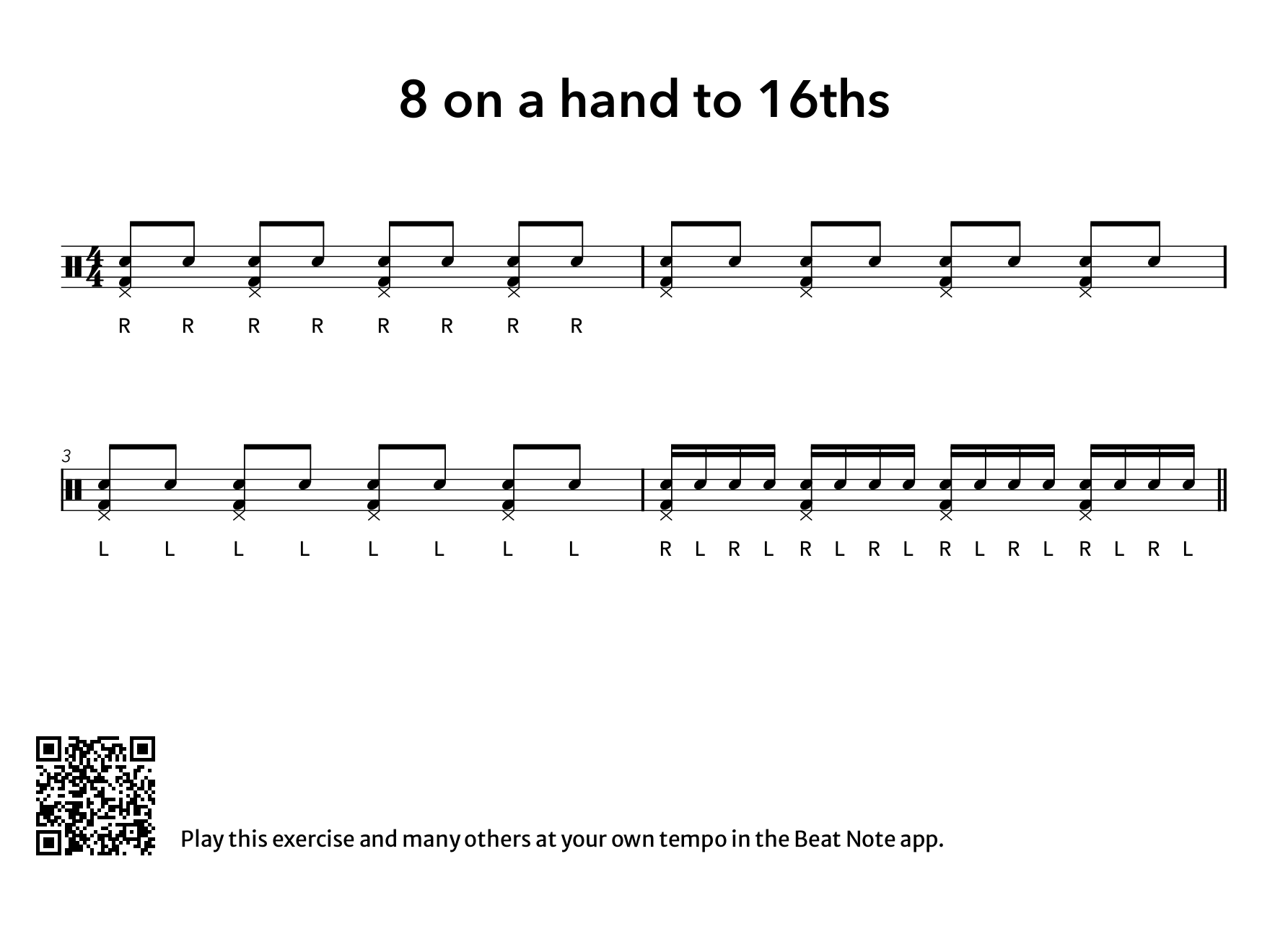 8 on a Hand to 16ths - Drum Notation