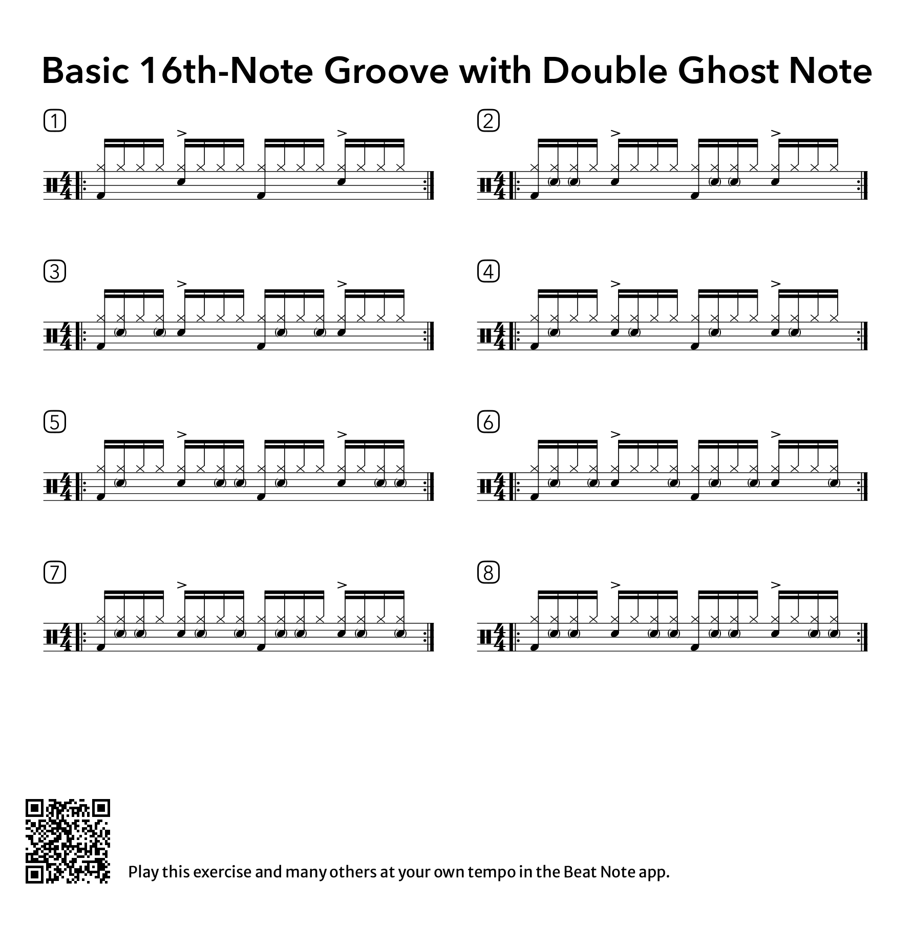 Basic 16th-Note Groove with Double Ghost Note - Drum Notation