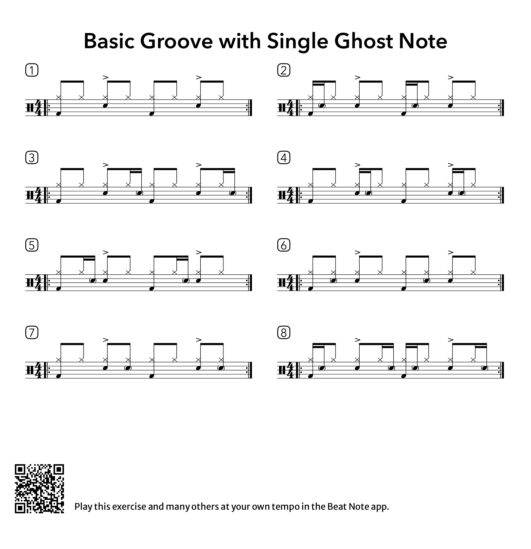 Basic 8th-Note Groove with Single Ghost Note - Drum Notation