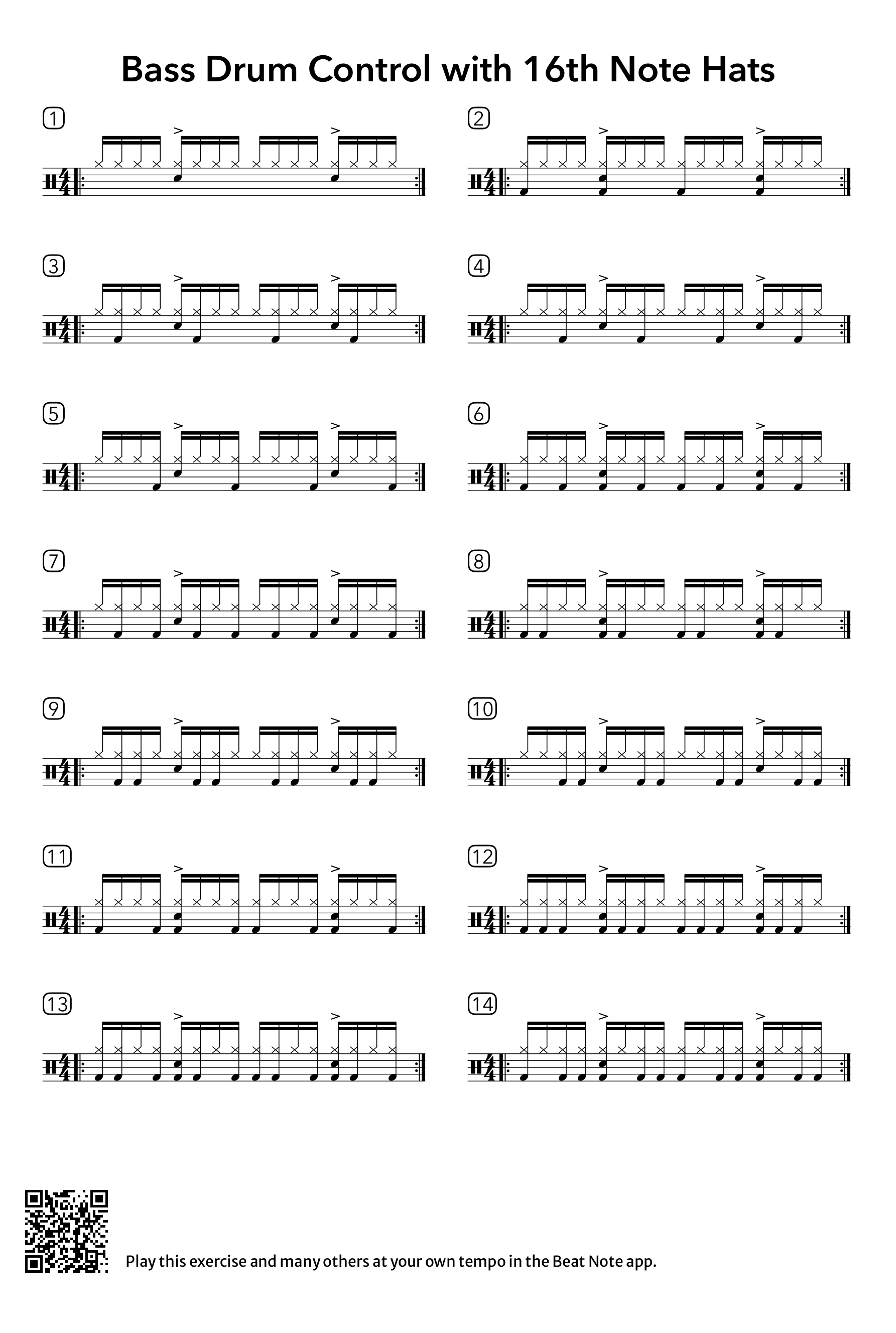 Bass Drum Control with 16th Note Hats - Drum Notation