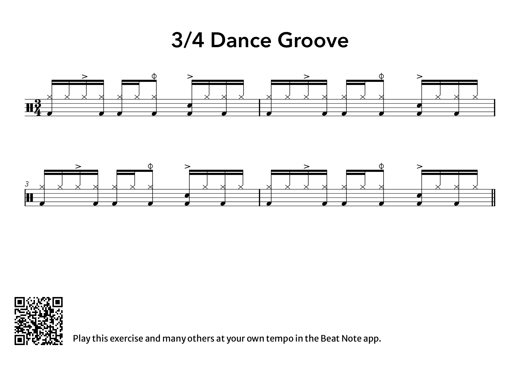 3/4 Dance Groove - Drum Notation