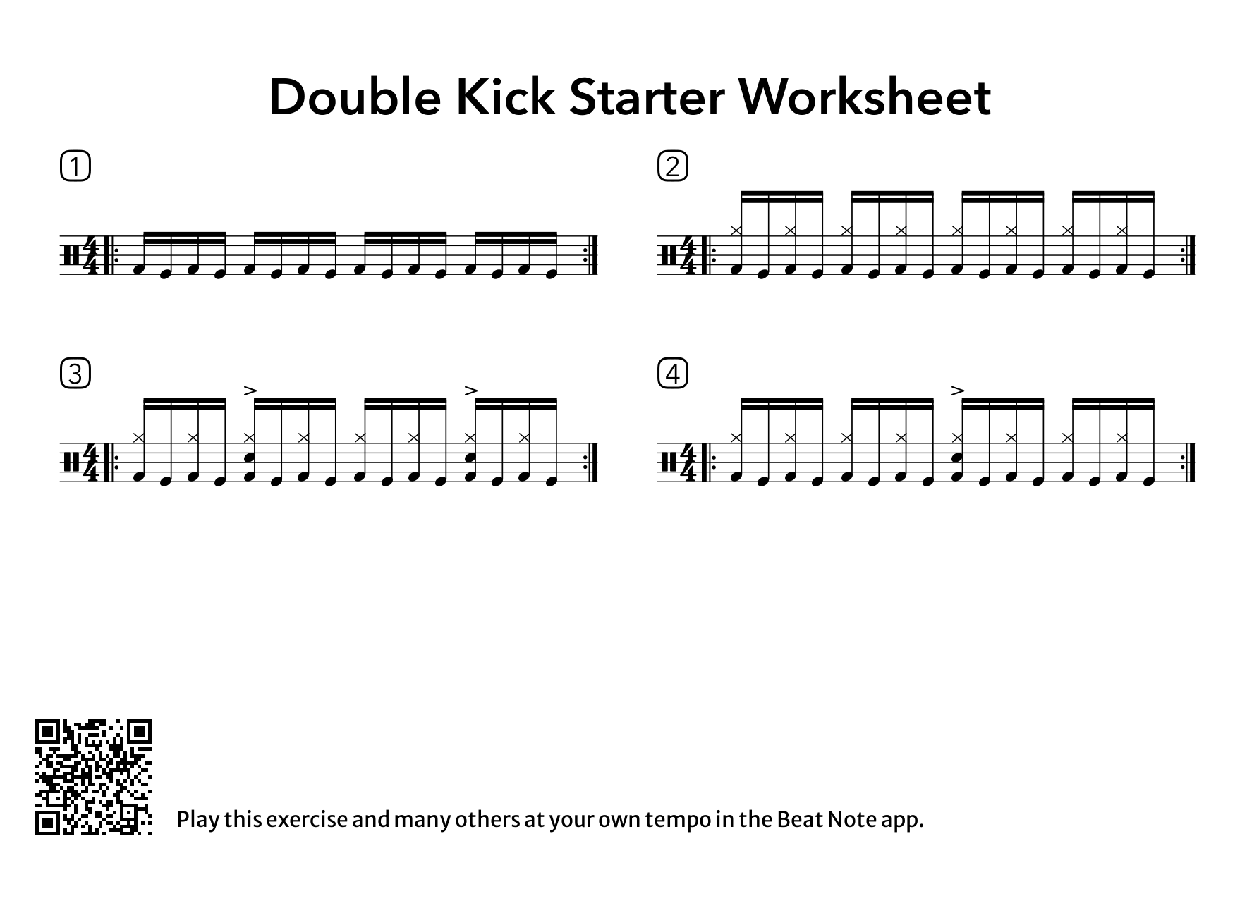 Double Kick Starter Worksheet (Ex. 1-4) - Drum Notation