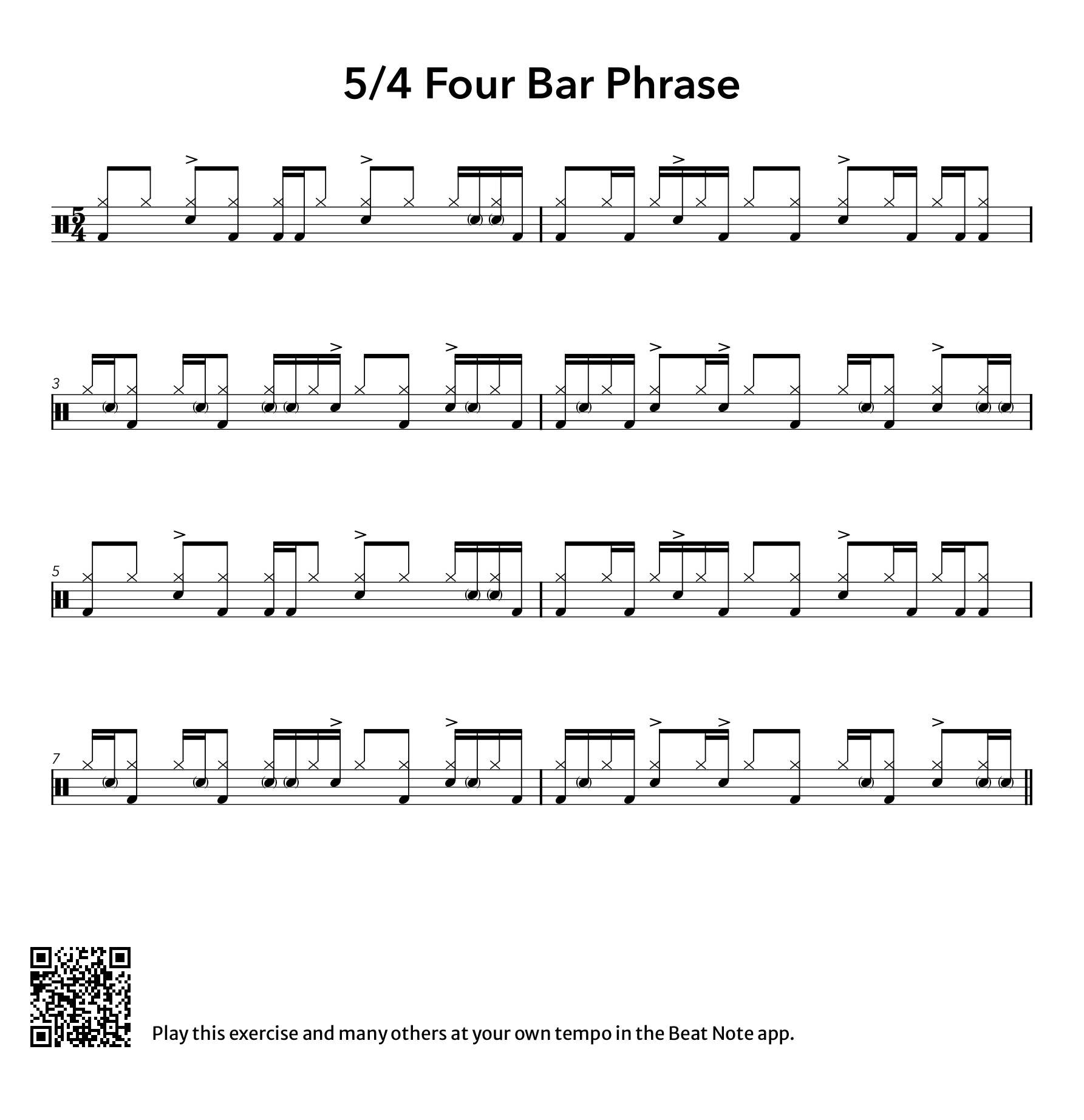 5/4 Four Bar Phrase - Drum Notation