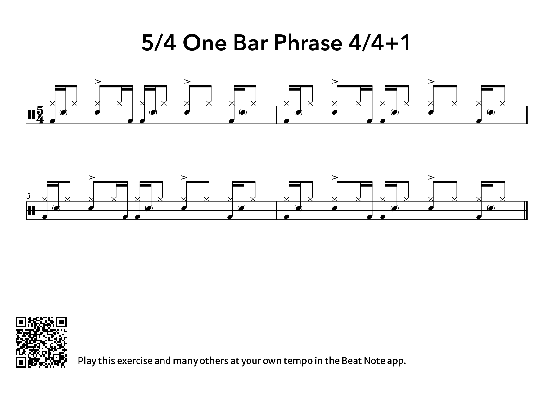 5/4 One Bar Phrase: 4/4+1 - Drum Notation