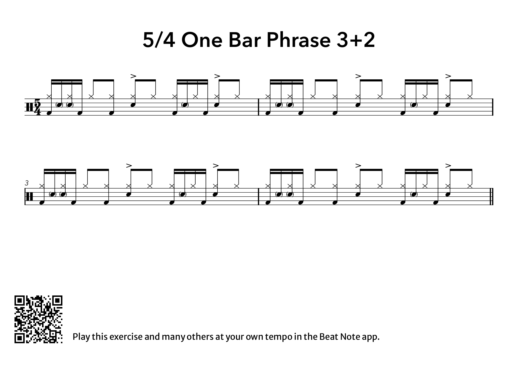 5/4 One Bar Phrase: 3+2 - Drum Notation