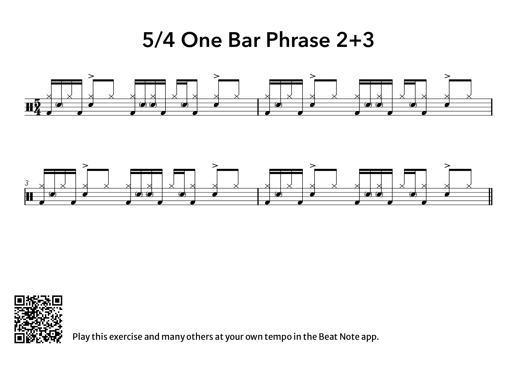 5/4 One Bar Phrase: 2+3 - Drum Notation