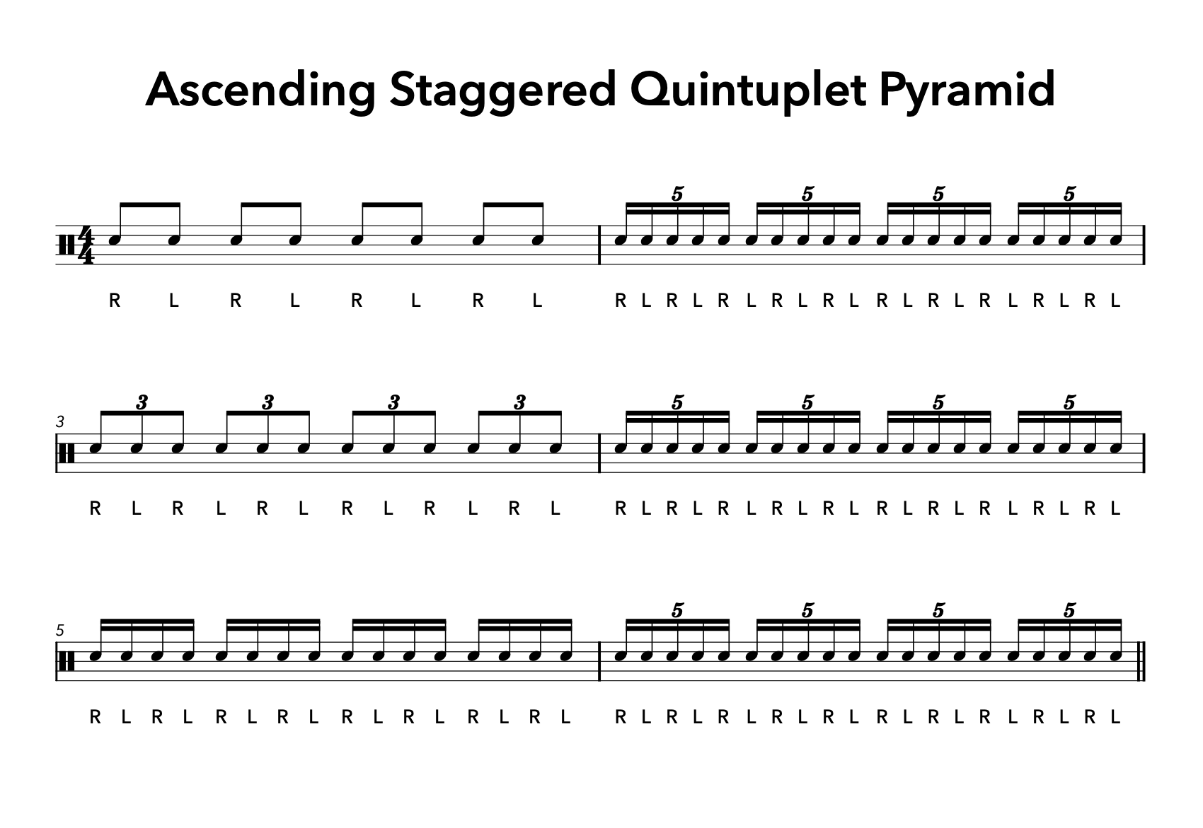 Ascending Staggered Quintuplet Pyramid - Drum Notation