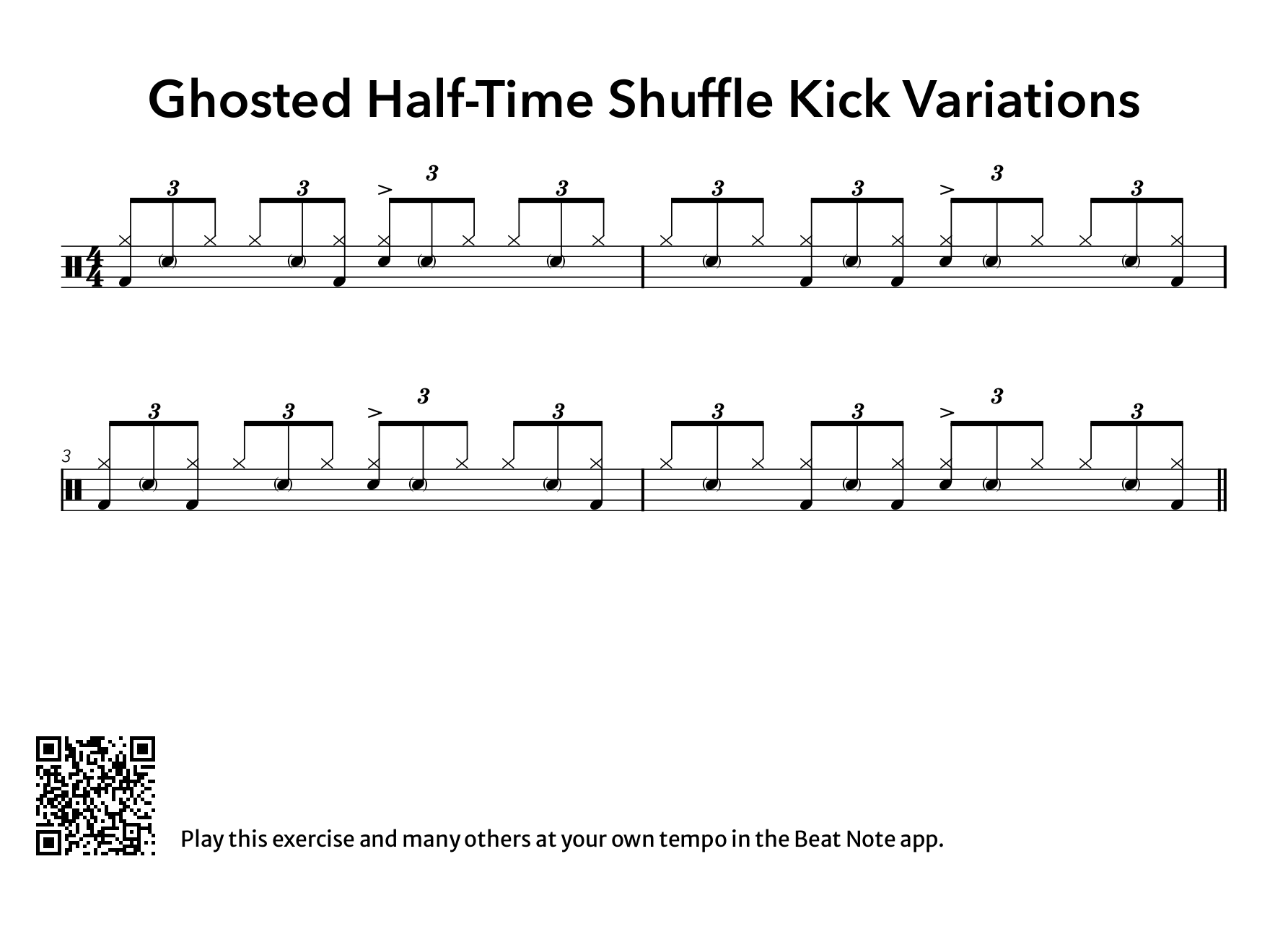 Ghosted Half-Time Shuffle Kick Variations - Drum Notation