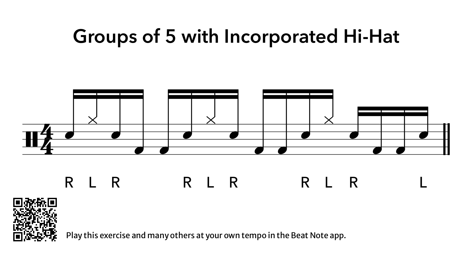 Groups of 5 with Incorporated Hi-Hat - Drum Notation