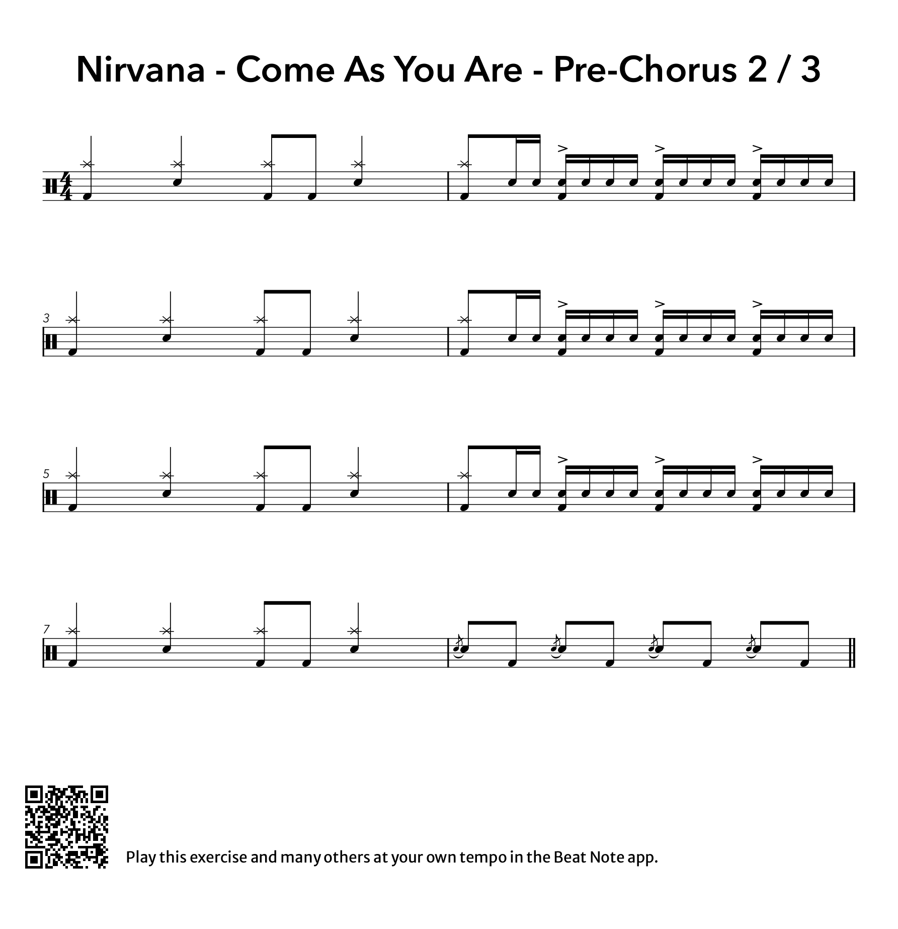 Nirvana - Come As You Are - Pre-Chorus 2 / 3 - Drum Notation