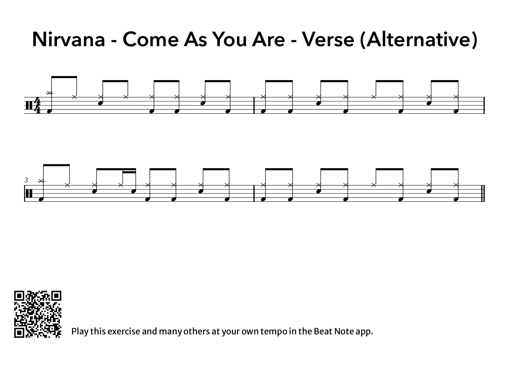 Nirvana - Come As You Are - Verse (Alternative) - Drum Notation