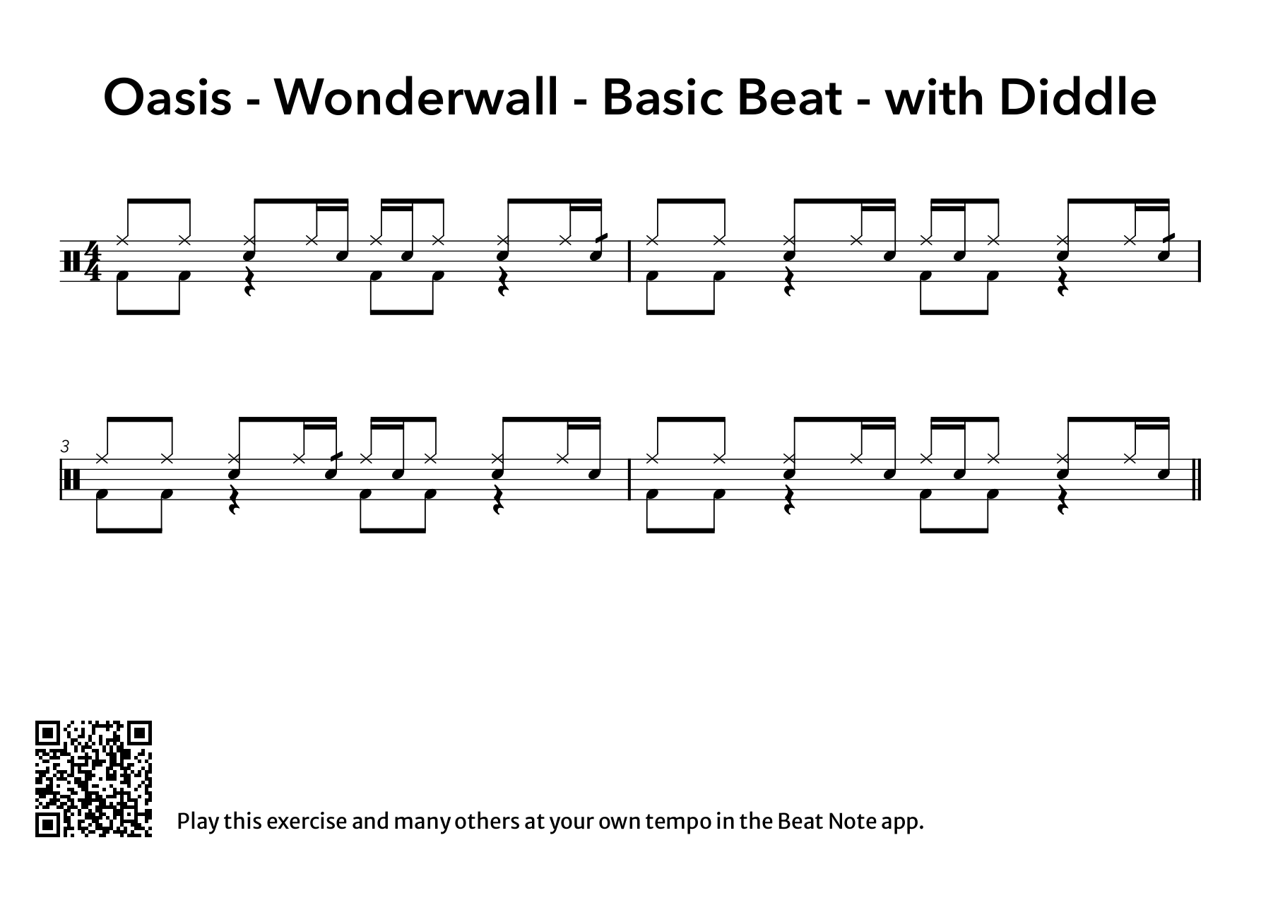 Oasis - Wonderwall - Beat with Diddle - Drum Notation