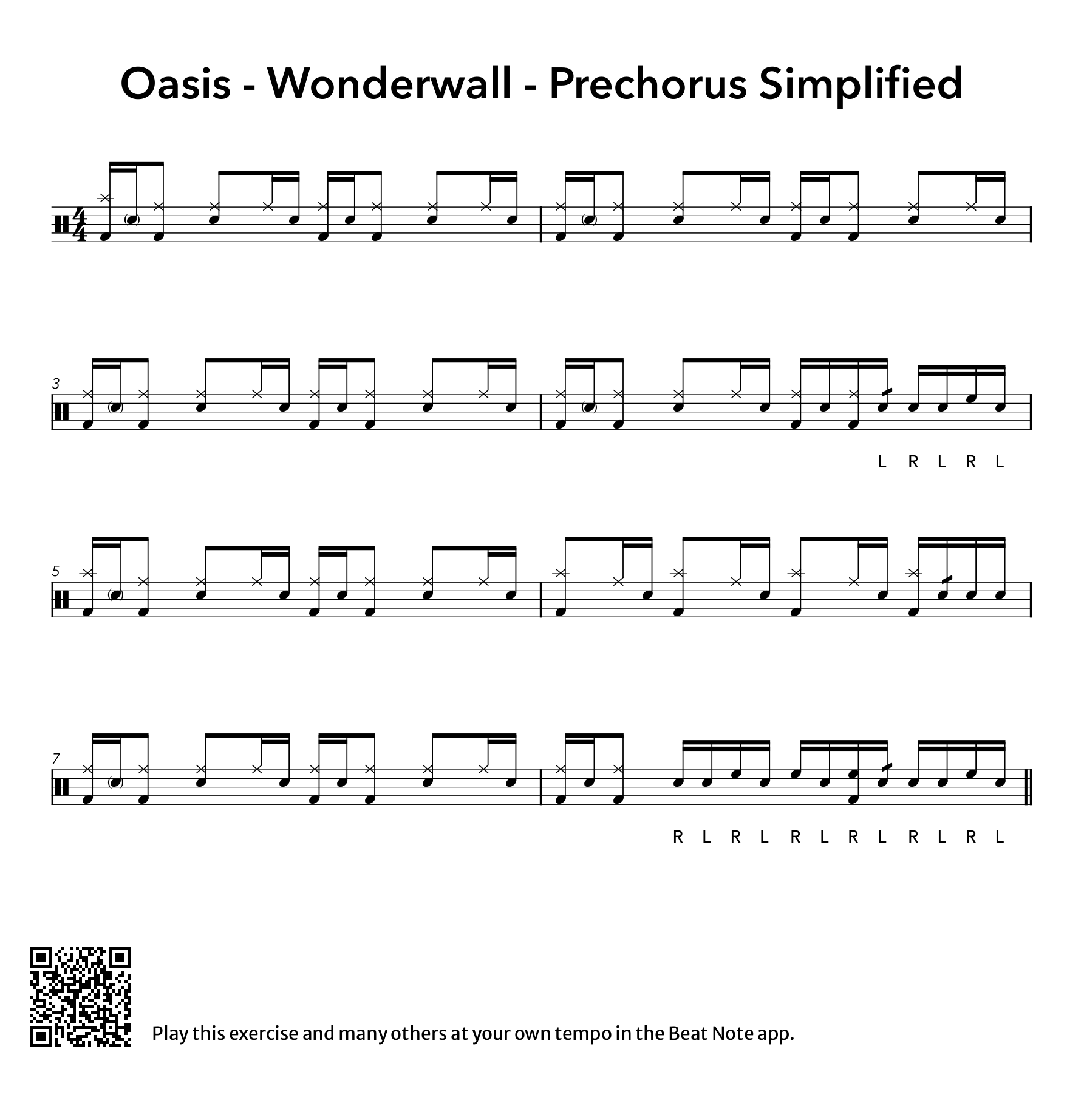 Oasis - Wonderwall - Prechorus Simplified - Drum Notation