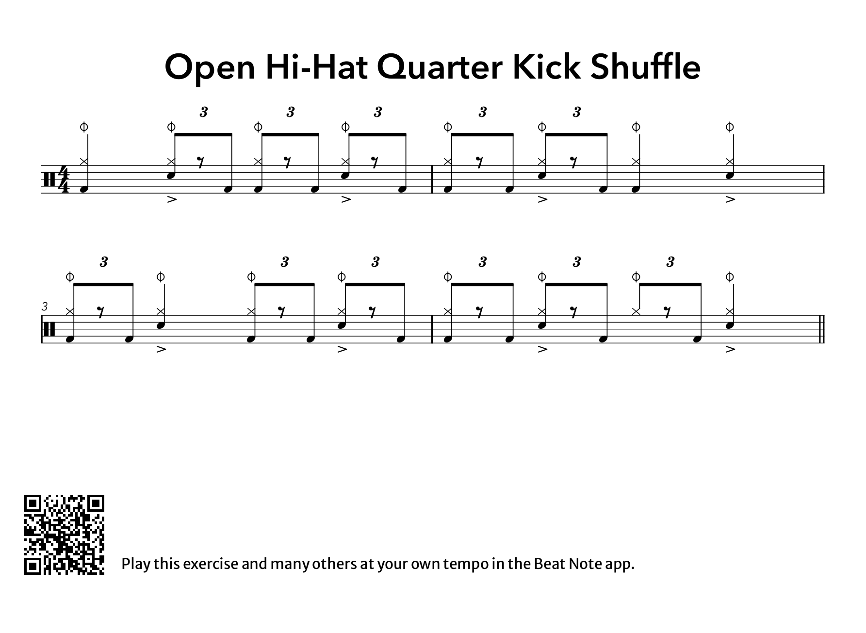 Open Hi-Hat Quarter Kick Shuffle - Drum Notation