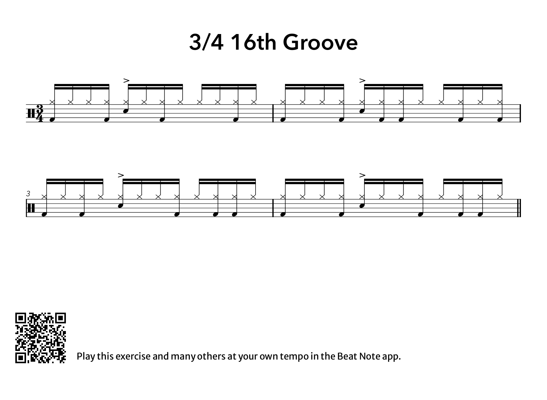 3/4 16th Groove - Drum Notation