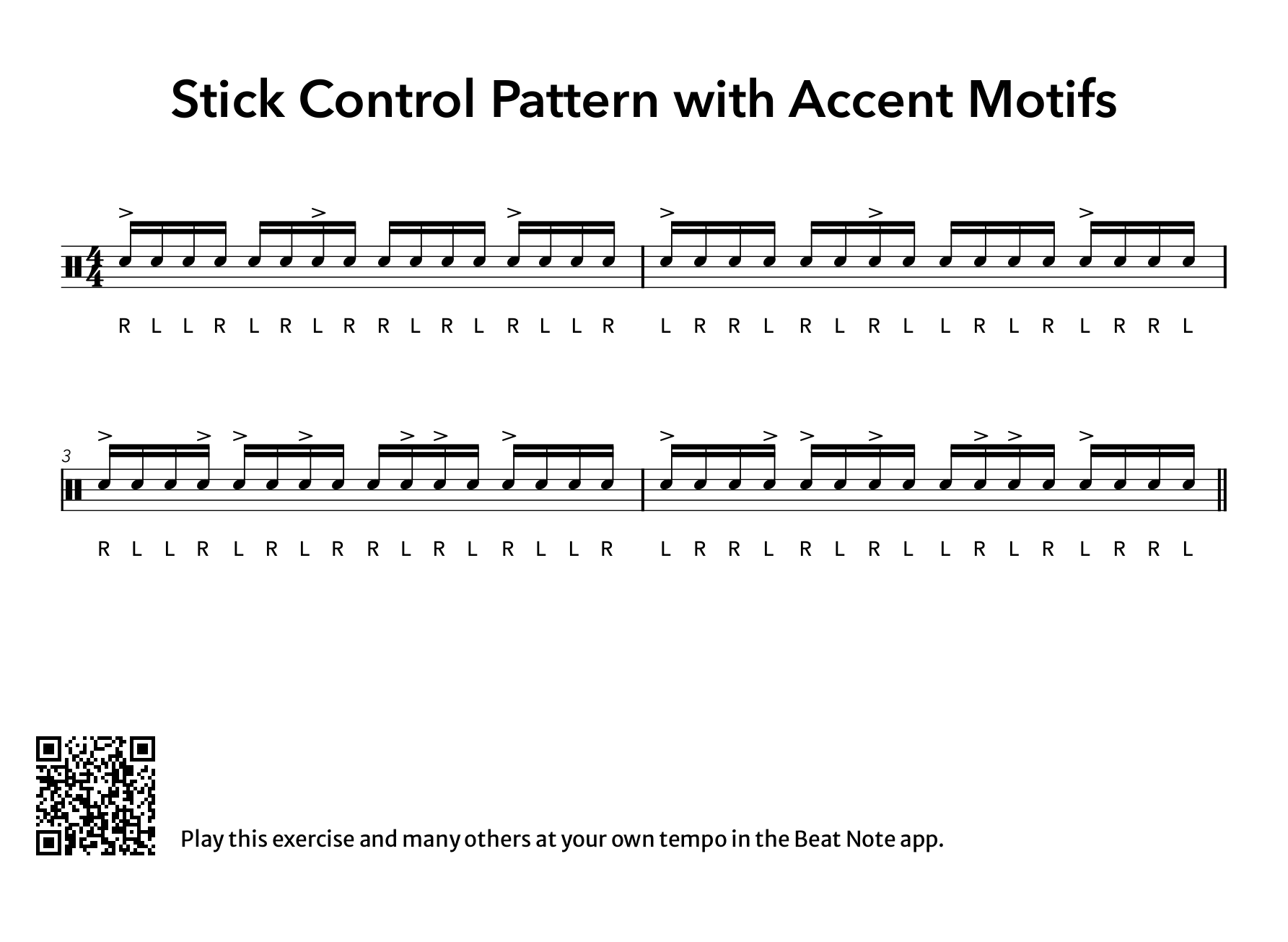 Stick Control Pattern with Accent Motifs - Drum Notation