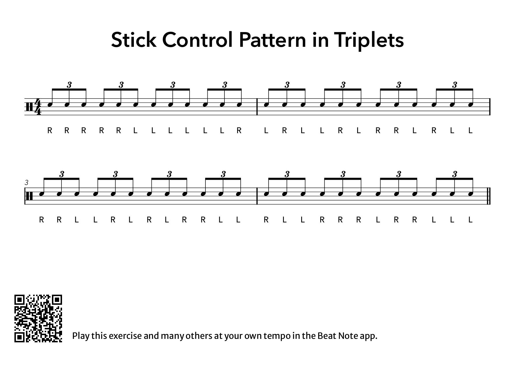 Stick Control Pattern in Triplets - Drum Notation