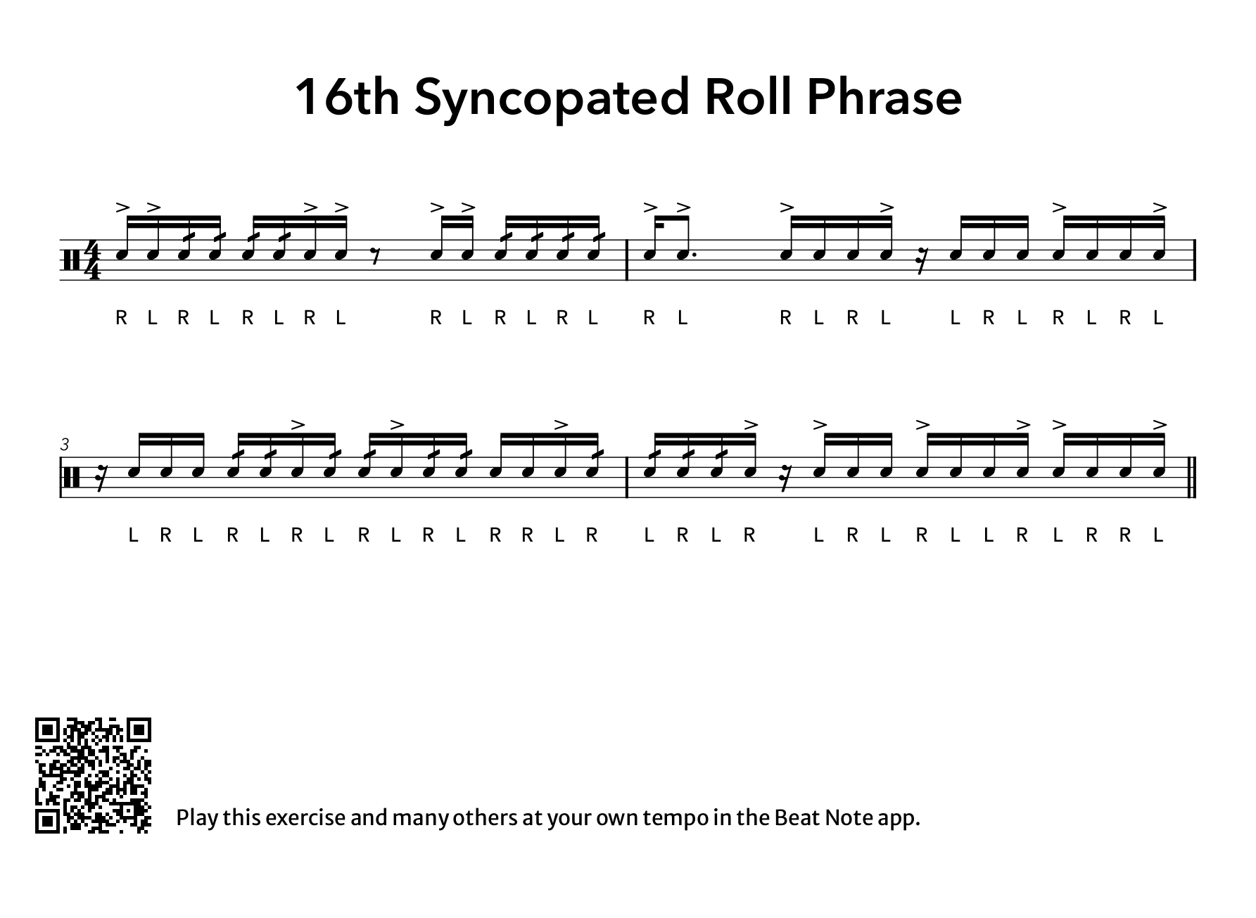 Syncopated 16th Roll Phrase - Drum Notation