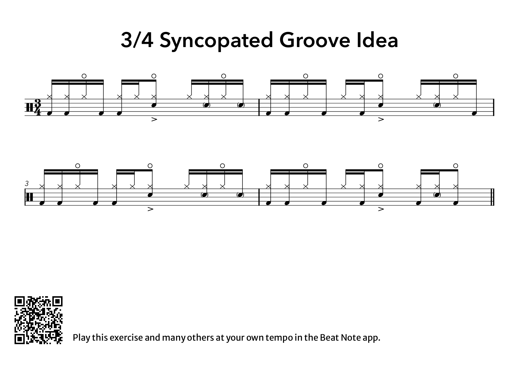 3/4 Syncopated Groove - Drum Notation