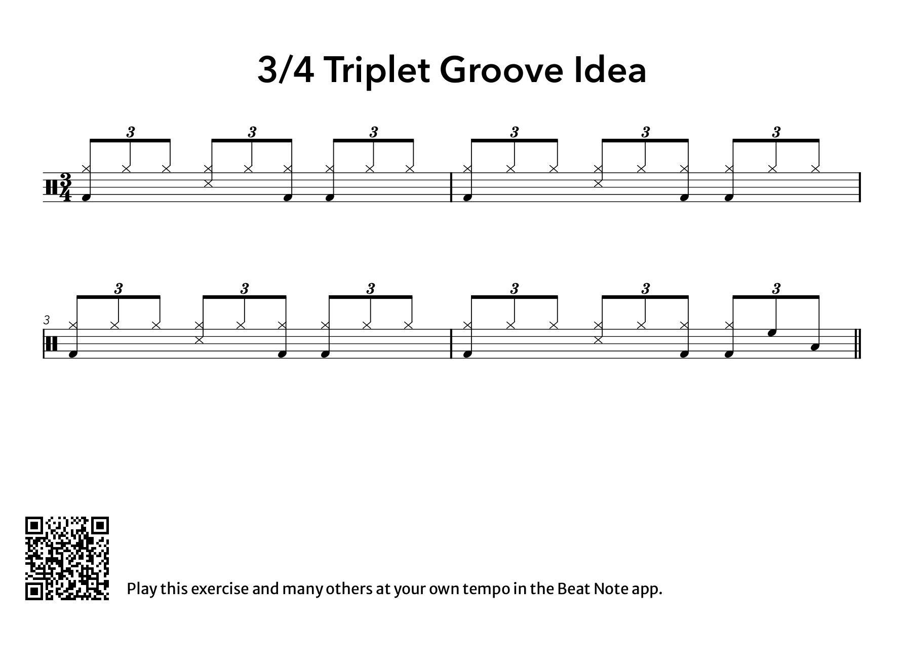 3/4 Triplet Groove - Drum Notation