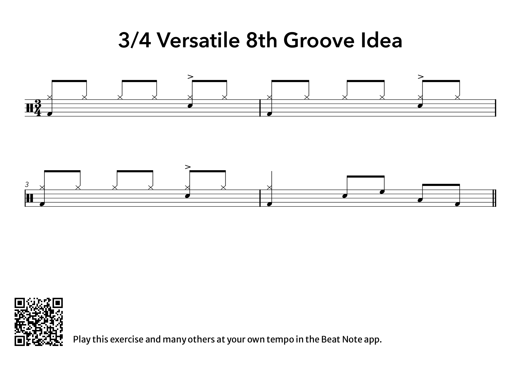 3/4 Versatile 8th Groove - Drum Notation