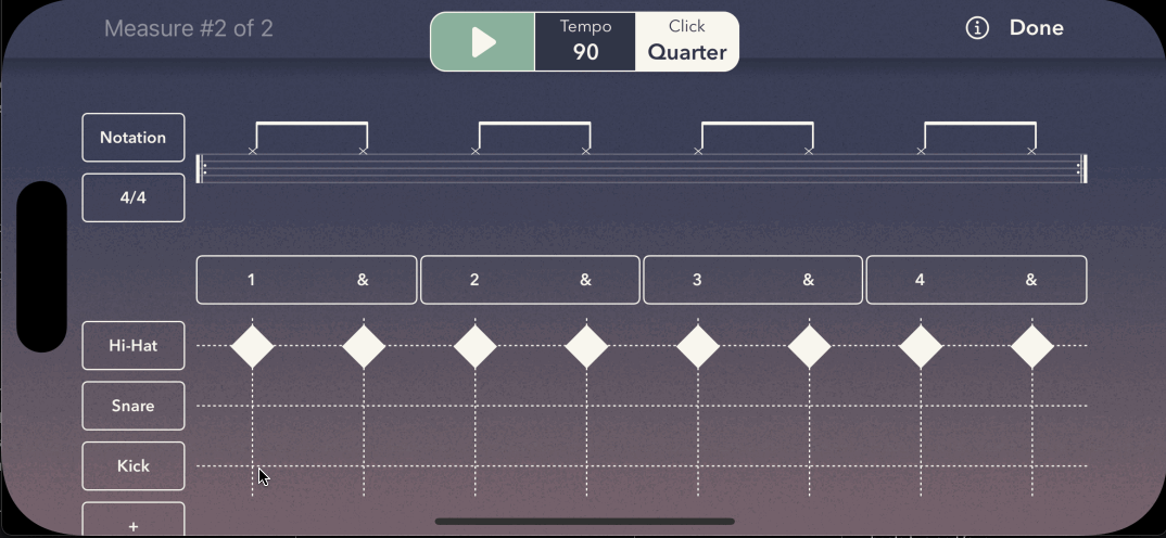 animated gif of tapping to add kick and snare notes