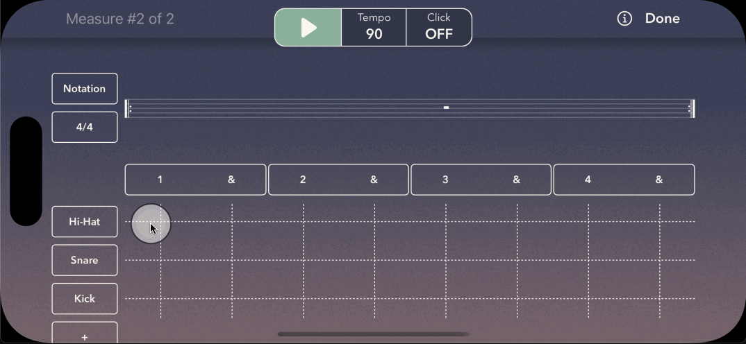 animated gif of swiping across the hi-hat to add all 8th notes on a new measure