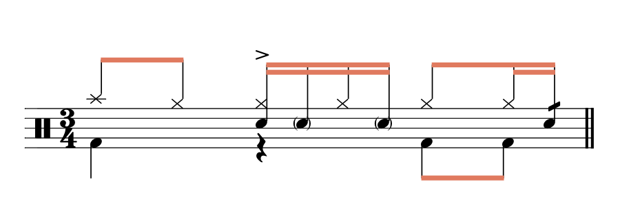 A measure in 3/4 time with a percussion clef