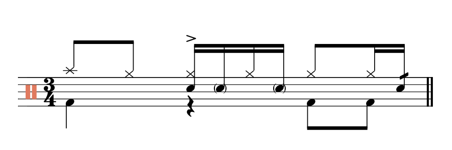 A measure in 3/4 time with a percussion clef