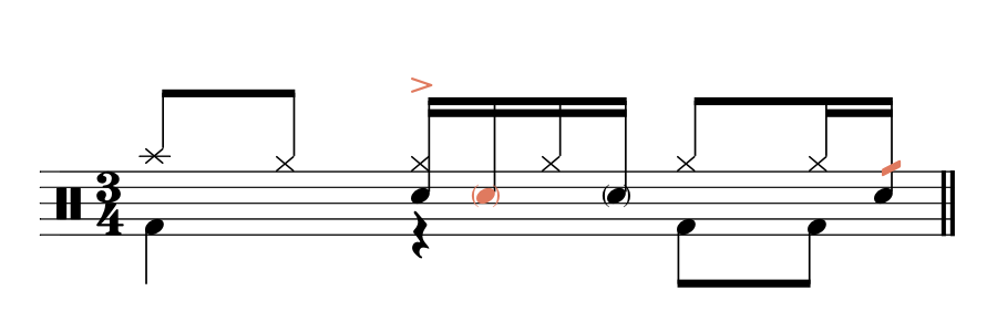 A measure in 3/4 time with a percussion clef